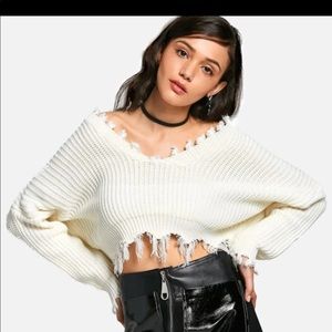 Oversized Frayed Cropped Pullover Sweater